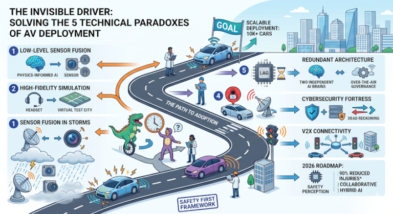 Infographic showing the 5 technical challenges of autonomous vehicle deployment in 2026, including sensor fusion in storms, AI edge cases like a dinosaur on a unicycle, V2X connectivity, and cybersecurity solutions on a white background.