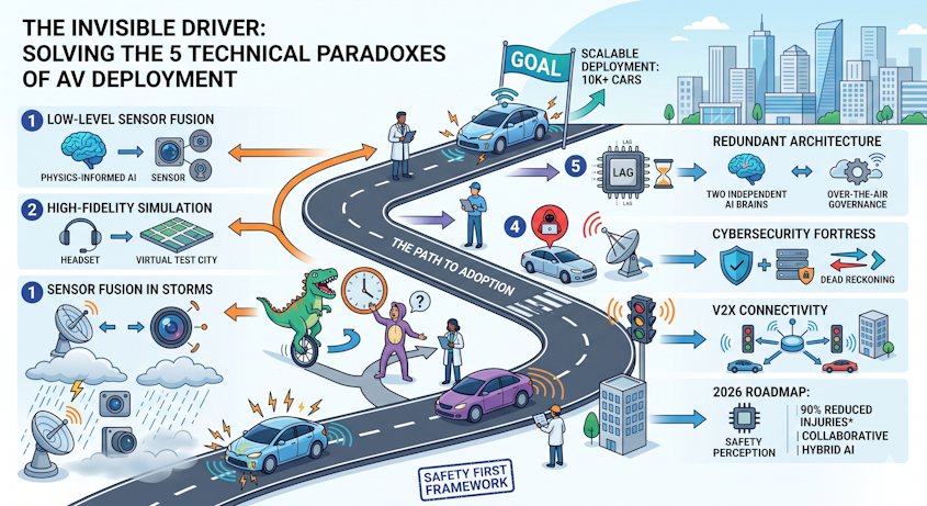 Infographic showing the 5 technical challenges of autonomous vehicle deployment in 2026, including sensor fusion in storms, AI edge cases like a dinosaur on a unicycle, V2X connectivity, and cybersecurity solutions on a white background.