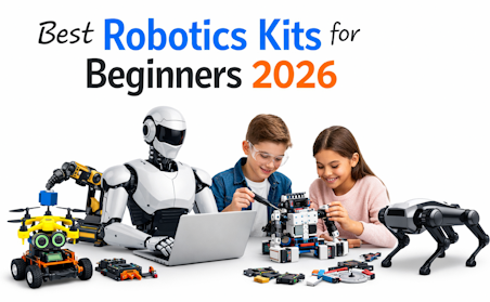 “Humanoid robot and children assembling robotics kits with a robotic dog, representing beginner robotics learning for 2026 on a white background.