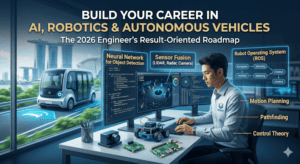 Young engineer working on AI and robotics technology with autonomous vehicle in background.