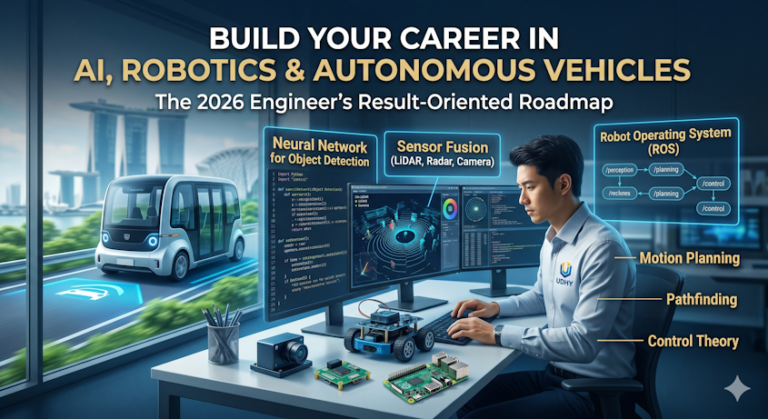An engineer develops autonomous vehicle software, showing data visualization for Lidar, C++, Python, and robotic control systems.