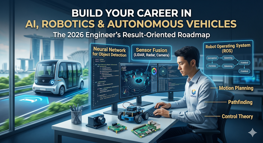 An engineer develops autonomous vehicle software, showing data visualization for Lidar, C++, Python, and robotic control systems.