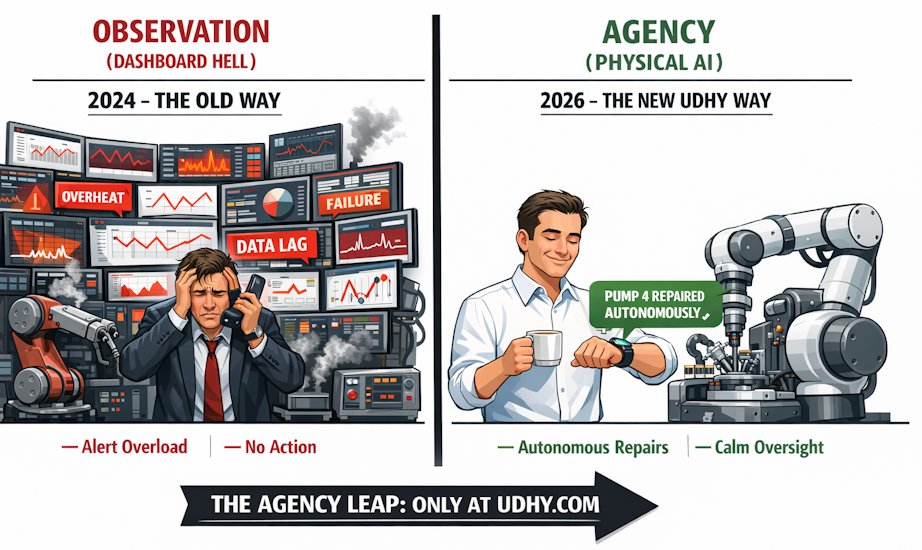 Infographic comparing 2024’s chaotic dashboard management with 2026’s Physical AI approach. Left side shows a stressed manager surrounded by red alert screens and a smoking robot arm. Right side shows a calm manager with a smartwatch notification ‘Pump 4 repaired autonomously’ and a cobot performing maintenance. A bold arrow at the bottom reads ‘The Agency Leap: Only at UDHY.com.