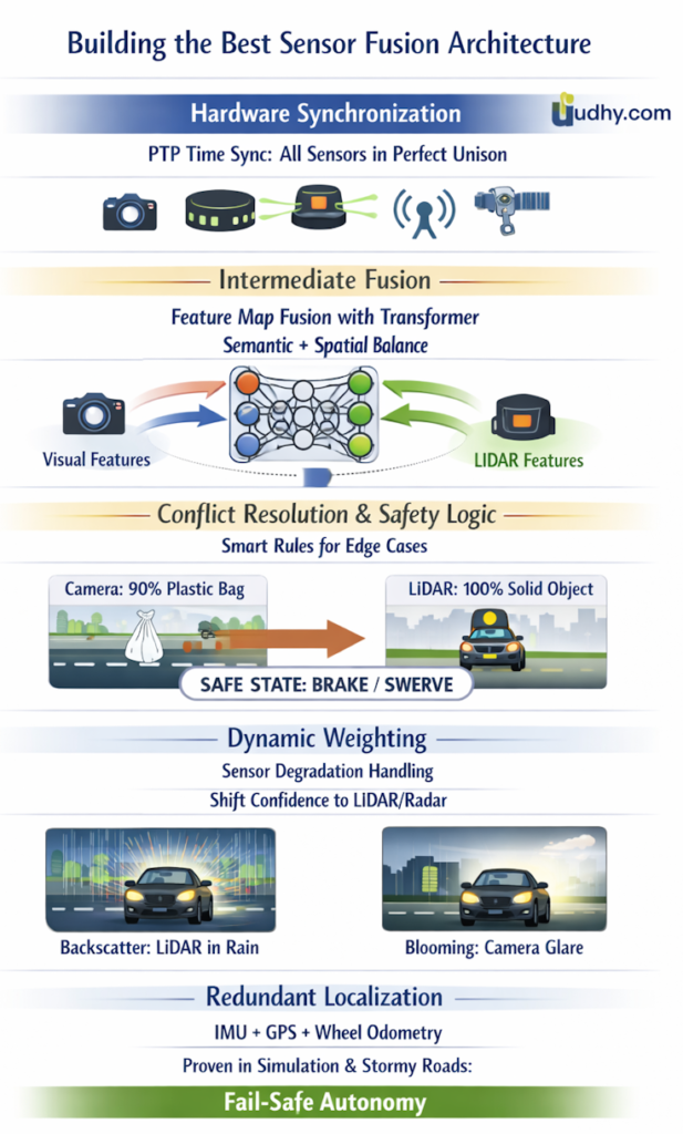 Infographic showing the architecture of sensor fusion for autonomous vehicles, including hardware synchronization, intermediate fusion using Transformers, conflict resolution and safety logic, dynamic weighting for sensor degradation, and redundant localization with IMU, GPS, and wheel odometry. 