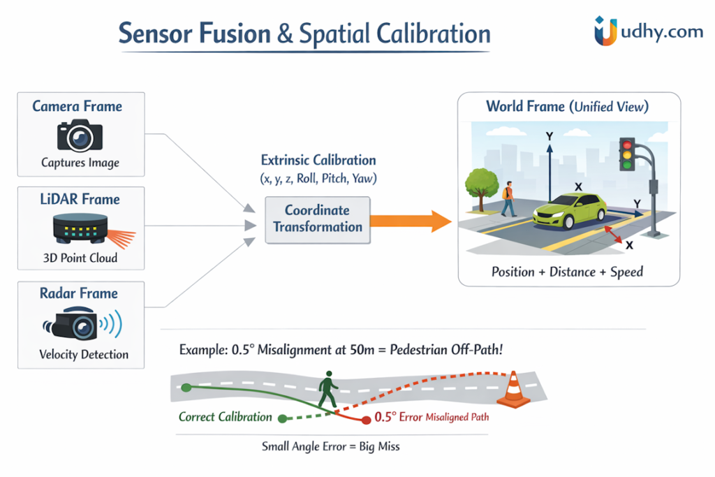 Infographic showing how camera, LiDAR, and radar data are aligned through extrinsic calibration and coordinate transformation to form a unified world frame for autonomous vehicles. 