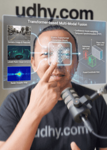 Illustration of sensor fusion with cameras, LiDAR, and radar in self-driving cars.