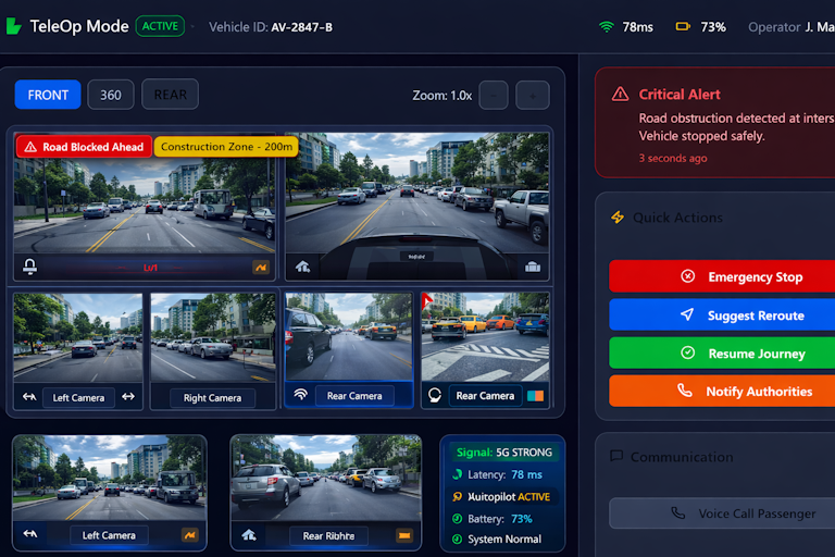 Operator interface showing multiple live camera feeds of an autonomous vehicle in TeleOp mode. Includes front, rear, and side views, alert panel, and quick‑action buttons for emergency control.