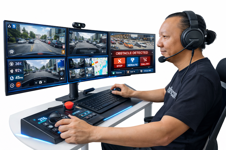 Operator wearing a headset and “udhy.com” shirt remotely drives an autonomous vehicle using a neon‑lit dashboard with 360° views and alert panels.