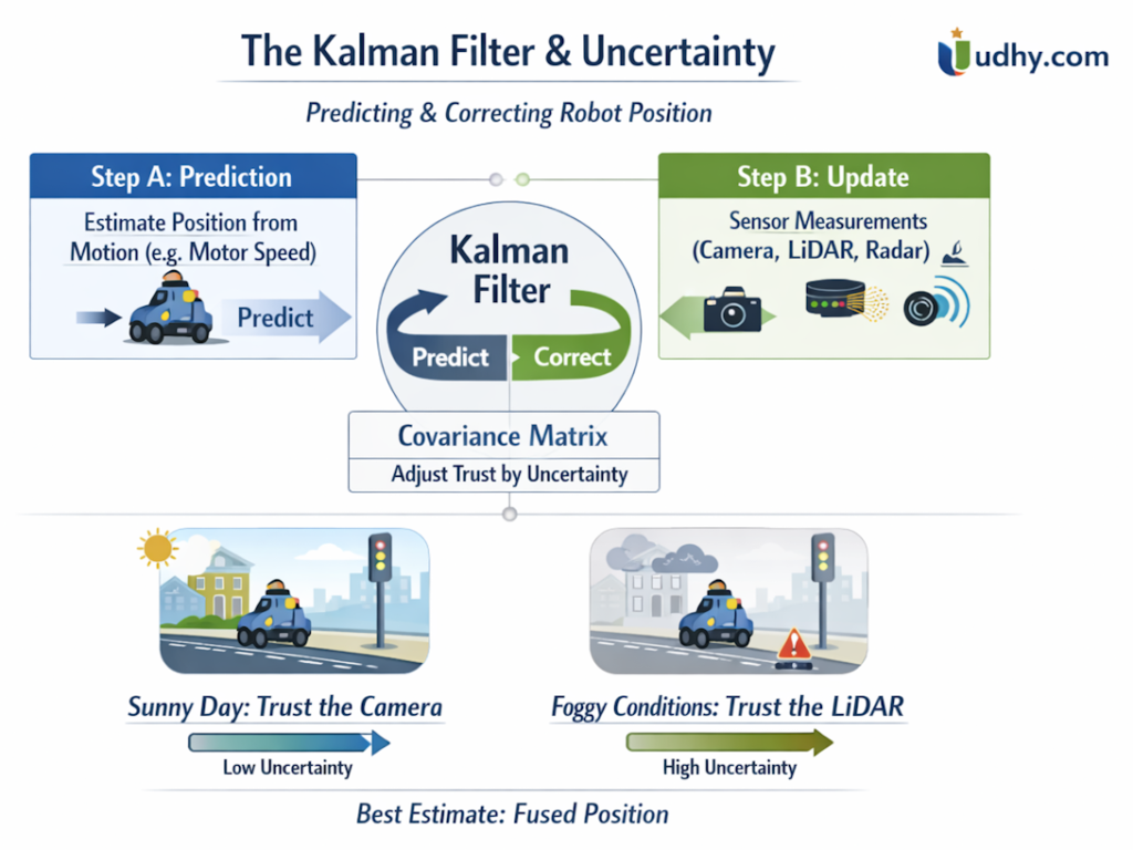 “Infographic showing the Kalman Filter cycle for sensor fusion in robotics. Includes prediction step (motion model), update step (sensor measurements), covariance matrix for uncertainty weighting, and examples of sunny vs foggy conditions where trust shifts between camera and LiDAR.