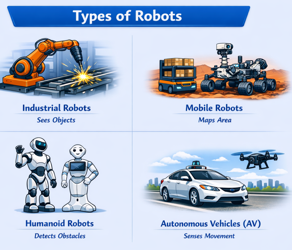 Robotics for beginners, learn robotics online, robotics course for kids This image illustrates four major categories of robots: industrial robots, mobile robots, humanoid robots, and autonomous vehicles.