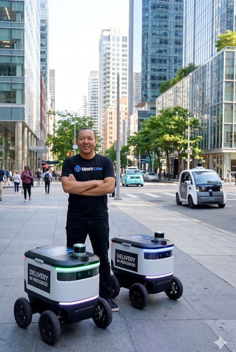 Autonomous Delivery Robots in Future Autonomous delivery robot navigating sidewalk 2026