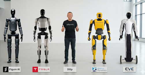 Dr. Dilip Limbu alongside humanoid robots from Figure AI, Tesla Optimus, Boston Dynamics Atlas, and 1X Technologies NEO
