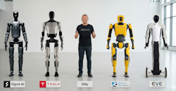 Dr. Dilip Limbu alongside humanoid robots from Figure AI, Tesla Optimus, Boston Dynamics Atlas, and 1X Technologies NEO