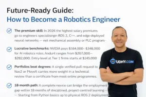 An infographic illustrating an 18-month path to becoming a hired Robotics Engineer in 2026.