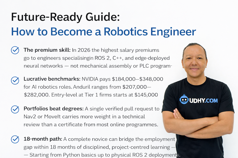 How to Become a Robotics Engineer in 2026 How to become a robotics engineer — 18-month learning path infographic 2026.