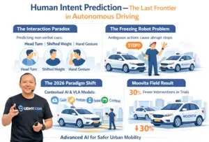 Infographic titled “Human Intent Prediction — The Last Frontier in Autonomous Driving,” illustrating four sections: Interaction Paradox, Freezing Robot Problem, 2026 Paradigm Shift, and Moovita Field Result, with icons and autonomous vehicle visuals on a white background.