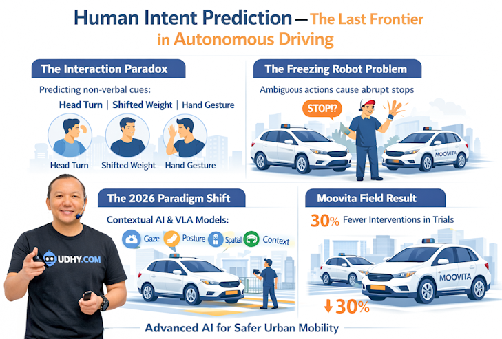 How Self-Driving Cars Predict Human Intent Infographic titled “Human Intent Prediction — The Last Frontier in Autonomous Driving,” illustrating four sections: Interaction Paradox, Freezing Robot Problem, 2026 Paradigm Shift, and Moovita Field Result, with icons and autonomous vehicle visuals on a white background.