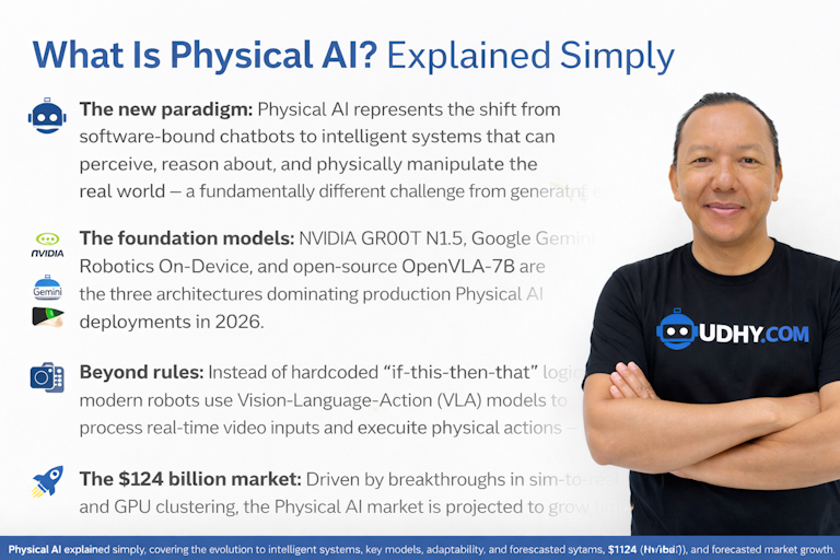 What Is Physical AI? Explained Simply Future of Physical AI summarized, covering evolution to intelligent systems, key models, adaptability, and forecasted market growth.