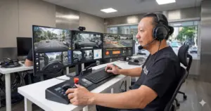 Remote AV teleoperation system for real-time control and obstacle detection.