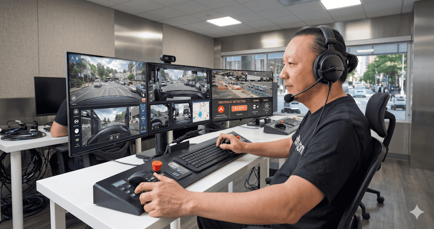 Remote AV teleoperation system for real-time control and obstacle detection.