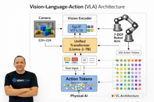 Vision‑Language‑Action (VLA) architecture diagram illustrating how robots process vision, language, and action in Physical AI-UDHY