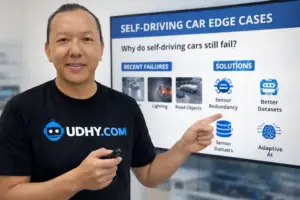 The screen highlights recent failures such as weather and lighting issues, and solutions like sensor redundancy and adaptive AI. The image visually supports UDHY’s article “Why Self‑Driving Cars Still Fail in 2026