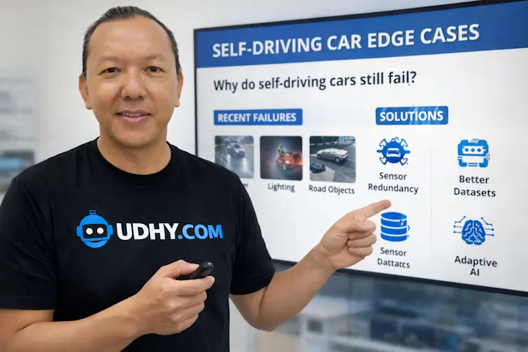 The screen highlights recent failures such as weather and lighting issues, and solutions like sensor redundancy and adaptive AI. The image visually supports UDHY’s article “Why Self‑Driving Cars Still Fail in 2026