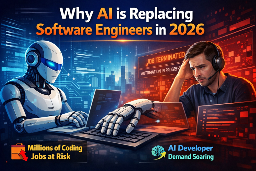 Futuristic illustration showing an AI robot coding beside a stressed human software engineer, symbolizing automation replacing tech jobs in 2026.