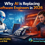 Futuristic illustration showing an AI robot coding beside a stressed human software engineer, symbolizing automation replacing tech jobs in 2026.