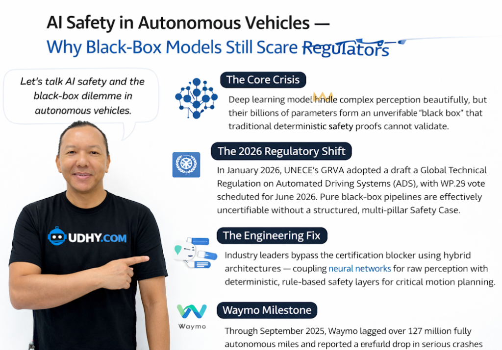Infographic on AI safety in autonomous vehicles explaining why black‑box models challenge regulators and how hybrid architectures enable transparent, certifiable safety.