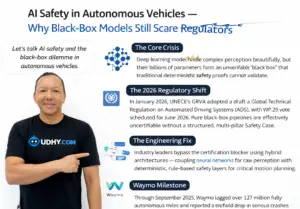 Infographic on AI safety in autonomous vehicles explaining why black‑box models challenge regulators and how hybrid architectures enable transparent, certifiable safety.