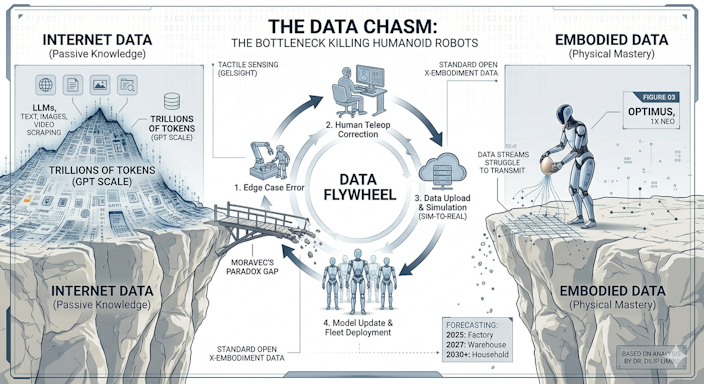 Visual diagram showing the training data gap between large language model data and humanoid robot training data — by Dr. Dilip Limbu, UDHY