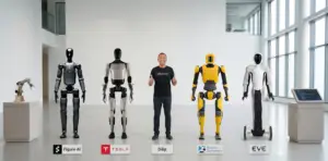 Dilip Limbu with humanoid robots from Figure AI, Tesla, Boston Dynamics, & 1X Technologies.