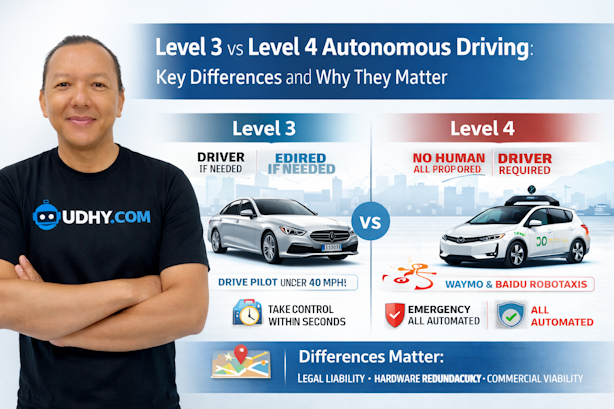 Infographic comparing Level 3 and Level 4 autonomous driving, showing differences in driver control, safety, and commercial use-UDHY