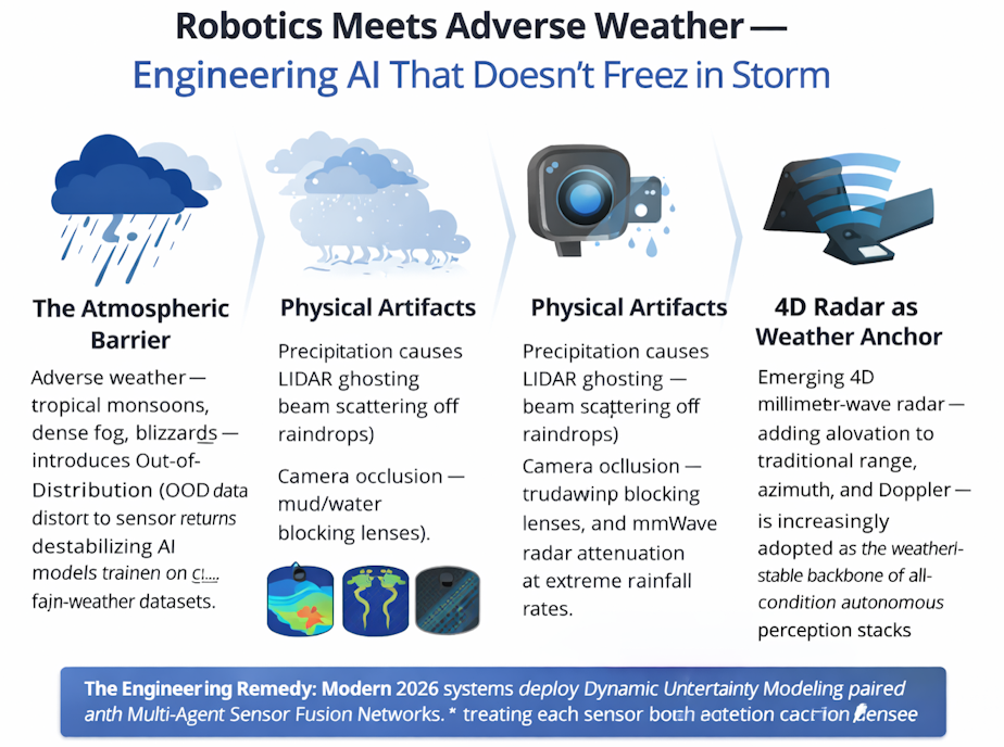 Fixing Autonomous Sensors for Extreme Weather Robotics Meets Adverse Weather — Engineering AI That Doesn’t Freeze in the Storm - how modern AI and sensor fusion help autonomous vehicles perform reliably in rain, fog, and storms