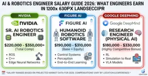 An infographic salary guide for AI & Robotics Engineers in 2026, comparing projected total compensation packages at NVIDIA ($220K-$350K+), Figure AI ($190K-$310K), and Google DeepMind ($180K-$330K), including key skill requirements.
