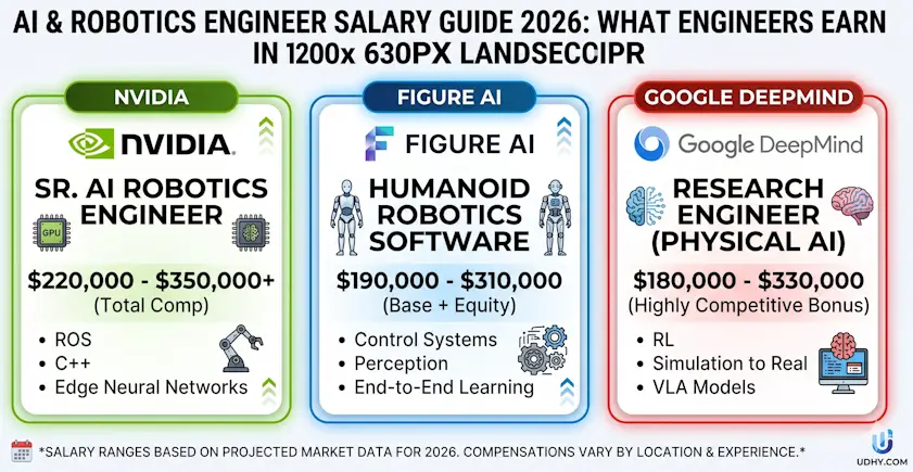 AI Robotics Engineer Salary 2026: Full Pay Guide An infographic salary guide for AI & Robotics Engineers in 2026, comparing projected total compensation packages at NVIDIA ($220K-$350K+), Figure AI ($190K-$310K), and Google DeepMind ($180K-$330K), including key skill requirements.