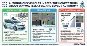 Autonomous Vehicles 2026 infographic: Waymo vs Tesla FSD, Level 4 autonomy, $18B–$124B market growth. UDHY.COM analysis.