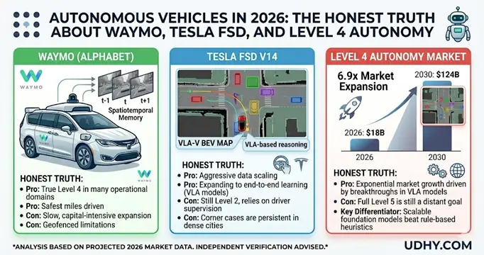 Autonomous Vehicles 2026 infographic: Waymo vs Tesla FSD, Level 4 autonomy, $18B–$124B market growth. UDHY.COM analysis.