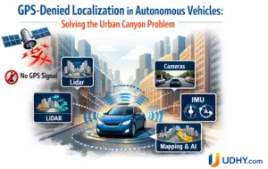 Autonomous vehicle navigating tall city buildings using LiDAR, cameras, IMU, and AI mapping to overcome GPS signal loss in urban canyons.