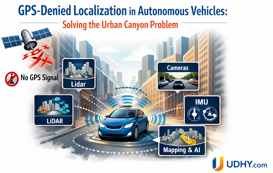 Autonomous vehicle navigating tall city buildings using LiDAR, cameras, IMU, and AI mapping to overcome GPS signal loss in urban canyons.