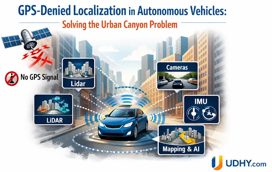 Autonomous vehicle navigating tall city buildings using LiDAR, cameras, IMU, and AI mapping to overcome GPS signal loss in urban canyons.