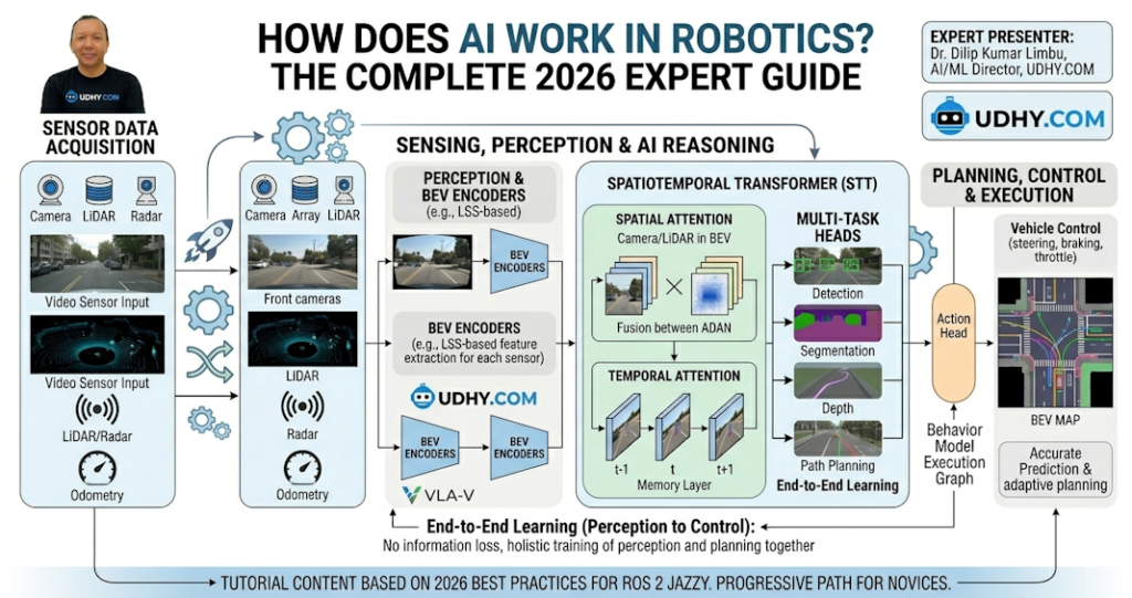 How does ai work in robotics UDHY Infographic: How AI Works in Robotics 2026 — sensor fusion, perception, planning, and control. Expert guide by UDHY.COM.