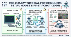 ROS 2 Jazzy Beginner Tutorial infographic (2026) with three vertical panels: setup commands, publisher‑subscriber nodes, and first robot deployment using sensor fusion with BEV map. UDHY.COM logo bottom right.