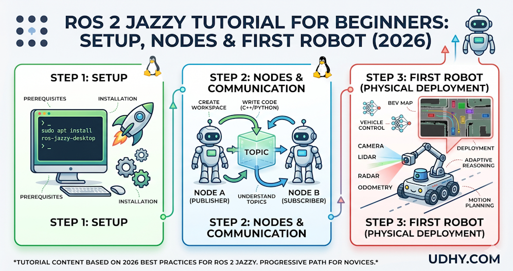 ros 2 jazzy setup robot udhy ROS 2 Jazzy Beginner Tutorial infographic (2026) with three vertical panels: setup commands, publisher‑subscriber nodes, and first robot deployment using sensor fusion with BEV map. UDHY.COM logo bottom right.