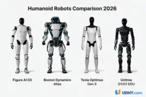 Humanoid robot comparison 2026 showing Figure AI, Boston Dynamics Atlas, Tesla Optimus and Unitree G1