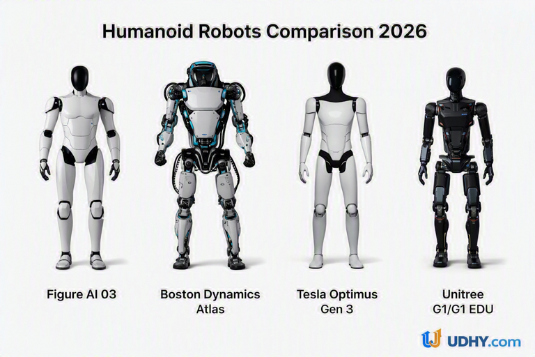 humanoid robots comparison figure atlas optimus unitree udhy Humanoid robot platforms in 2026: Figure AI 03, Boston Dynamics Atlas, Tesla Optimus Gen 3, and Unitree G1/G1 EDU. Each section highlights core technical capabilities and hardware specs alongside realistic robot renders and minimal line-art icons.