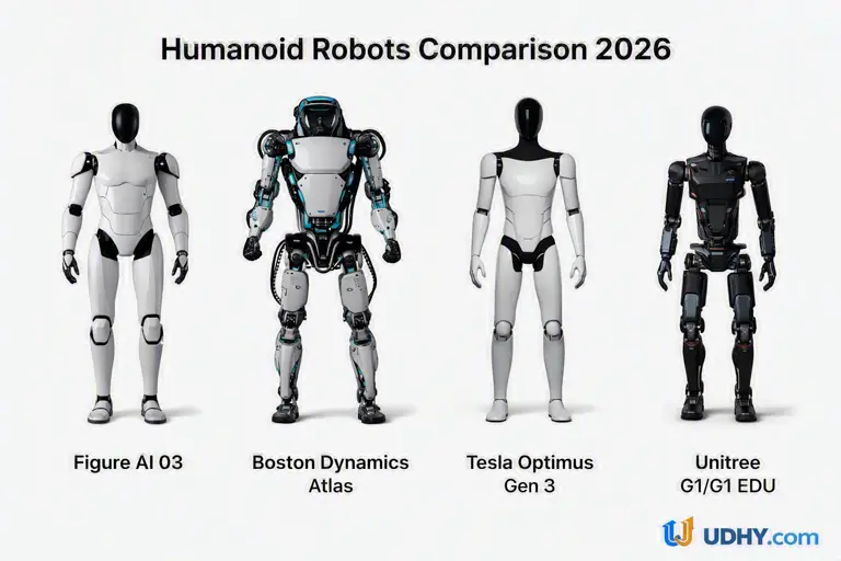 2026 Humanoid Robots: Figure, Atlas, Optimus & Unitree Humanoid robot comparison 2026 showing Figure AI, Boston Dynamics Atlas, Tesla Optimus and Unitree G1